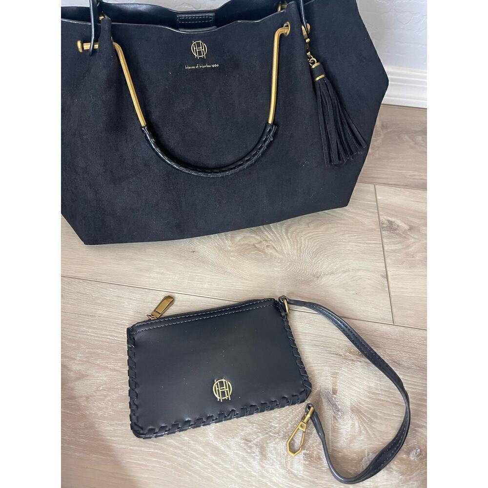 NWT House of Harlow 1960 Black Suede Luxe Satchel & Wristlet - Picture 2 of 11
